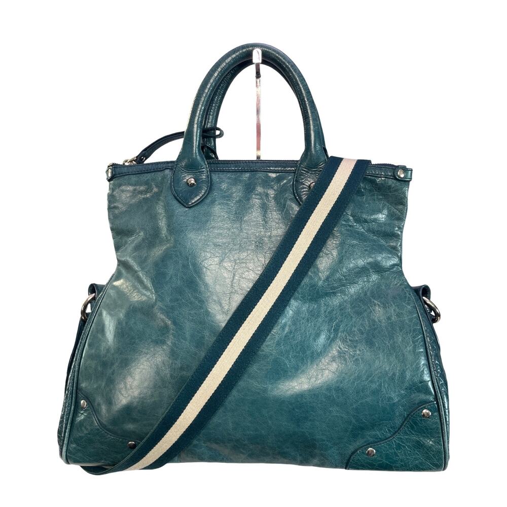Bally Teal Blue Distressed Leather Satchel Crossbody Bag Switzerland Large Boho